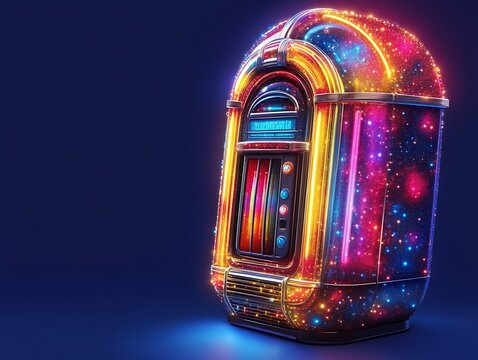 A vibrant cosmic jukebox glows brightly in the night
