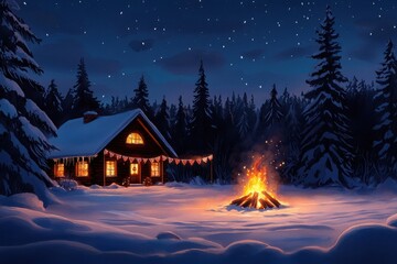 Cozy cabin in snowy forest, warm fire glows under starry night sky, winter wonderland scene.