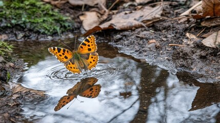 Obraz premium Vibrant Orange Butterfly Reflected in Tranquil Forest Puddle