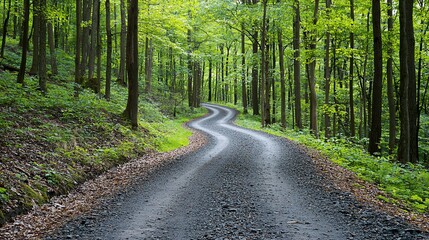 Naklejka premium Winding gravel road through lush green forest.