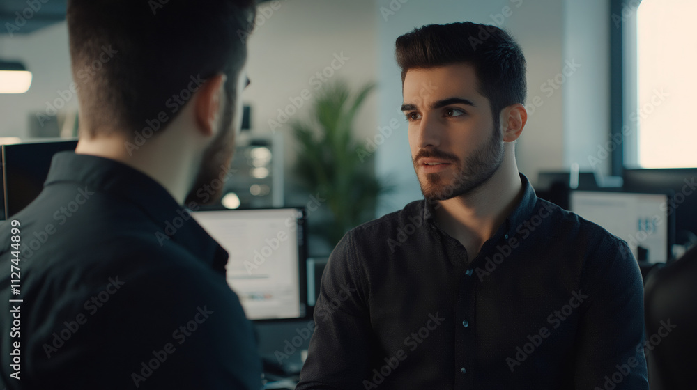 Poster two businessmen engaged in a project discussion while collaborating on their computers in a bright, 