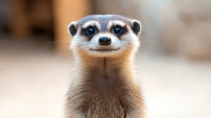 Fototapeta premium A charming close-up of a meerkat with a cheerful expression, ideal for wildlife articles, educational content, or nature-themed projects, This image captures playful animal behavior beautifully,