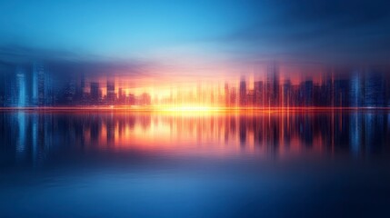 Fototapeta premium A serene cityscape at dawn with vibrant colors reflecting on calm water, creating a tranquil and picturesque atmosphere.