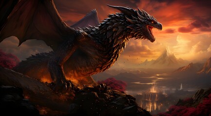 The Last Dragon's Majestic Flight Over Mystic Mountains at Sunset - Generative AI.