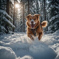A dog happily running through deep snow in a forest.