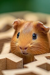 Fototapeta premium Adorable Guinea Pig in Wooden Puzzle: Curiosity and Cuteness Combined