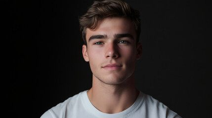 Obraz premium Confident young man in white t-shirt posing against black backdrop in close-up portrait