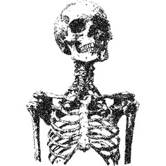 Skeleton, collage element with vintage stipple photocopy effect, with retro grainy texture. Vector illustration for grunge psychedelic surreal poster or tattoo in 90s aesthetic.