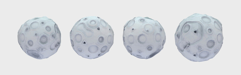 Set of 4 side views stylized 3D render of a low poly Moon model with cartoon-inspired textures, set against a light, clean background. Perfect for astronomy, education, or entertainment-themed visuals