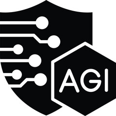 Safety Measures icon. Shield with nodes and AGI text. Represents protocols and safeguards to ensure security and reliability. Ideal for risk management and compliance.