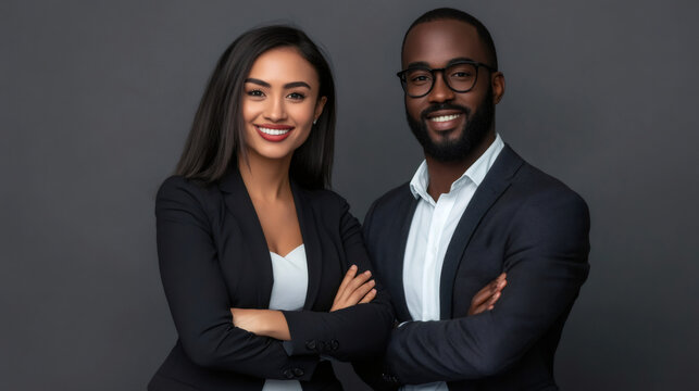 Portrait of two confident business people with folded arms, exuding professionalism and success