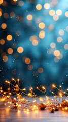 Background featuring shimmering fairy lights and sparkling ornaments. Perfect for festive celebrations and seasonal marketing. Ideal for Christmas invitations, greeting cards, and social media posts.
