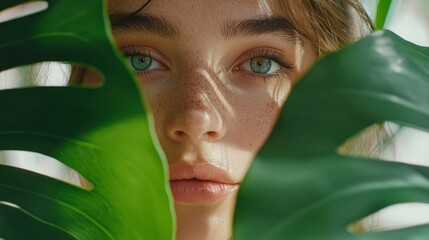 A young woman gazes directly at the viewer, framed by vibrant green leaves. Her striking blue eyes and natural beauty radiate tranquility in a soft, sunlit setting