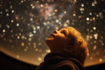 A child is enthralled by the sight of a star-filled planetarium ceiling.