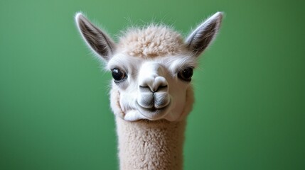 Obraz premium Close-up portrait of a fluffy white alpaca against a green background.