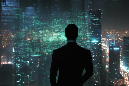 A conceptual businessman is observing a network hologram over a digital interface.