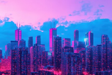 Fototapeta premium An electric blue and hot pink skyline of a futuristic city glowing vibrantly under the night sky.