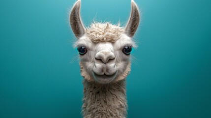 Obraz premium Close-up portrait of a smiling white llama against a teal background.