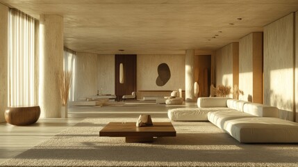 Serene Minimalist Living Room Design: Sunlit Modern Interior with Neutral Tones and Organic Textures