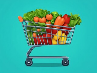 A shopping cart full of fresh produce and vegetables