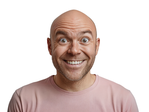 A man with a bald head and a pink shirt is smiling and looking at the camera. Concept of happiness and positivity