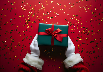 Santa Claus is holding a bright green present with a red bow