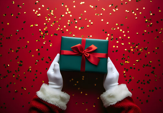 Santa Claus is holding a bright green present with a red bow