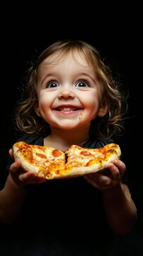 Little girl smiling while eating a pizza with her face smeared, on black background. AI generative.
