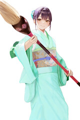大きな筆を持った振袖の女の子（水色）