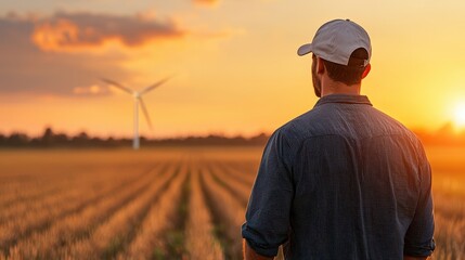 A man stands in a golden field at sunset, watching wind turbines, symbolizing sustainable farming and renewable energy.