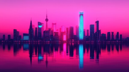 A vibrant city skyline at dusk, featuring illuminated buildings reflected in water, with a stunning pink and blue gradient sky.