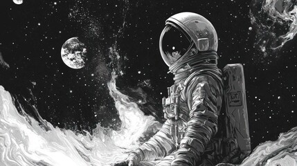 Fototapeta premium Astronaut contemplates cosmos, swirling nebulae.
