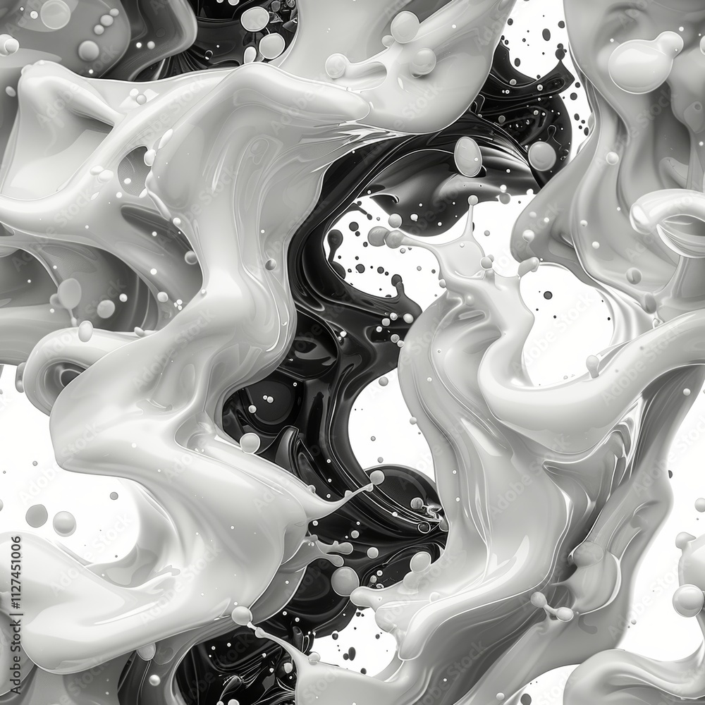 Poster the artwork features an intricate blend of black and white paint that swirls and flows, creating a m