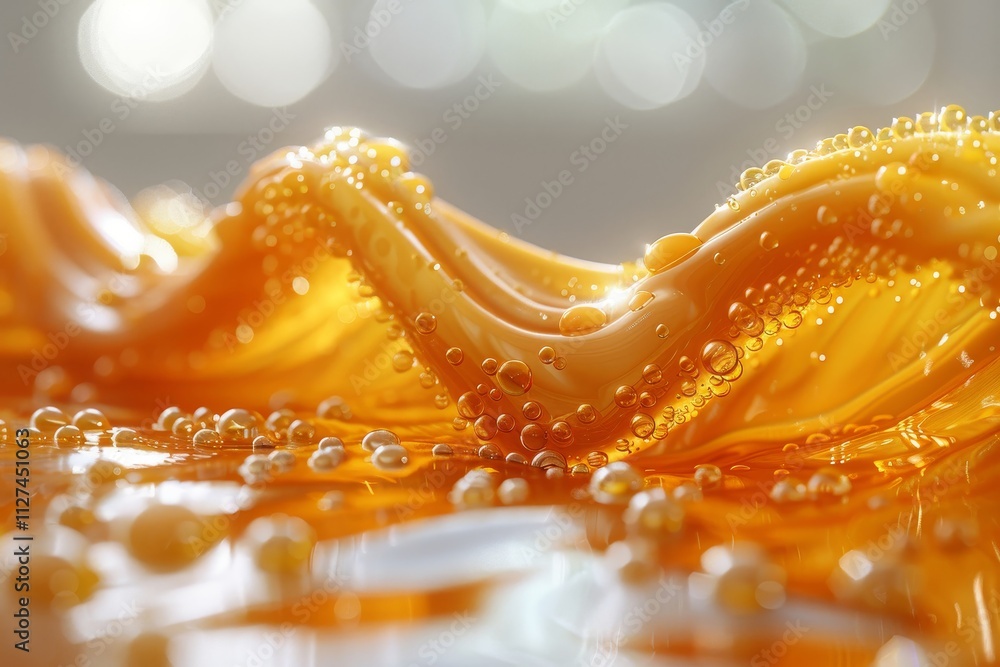 Poster colorful bubbles float on a golden surface, forming waves and intricate patterns. the playful intera