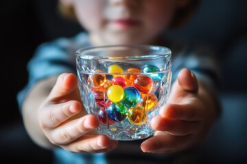 A little boy is holding a crystal glass full of water. Inside the glass are colorful glass marbles