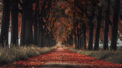 Fototapeta premium A quiet autumn path covered in a carpet of red and orange leaves