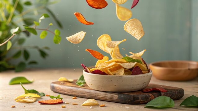 A handful of crunchy veggie chips is suspended midair capturing the moment of a joyous snack moment. Each chip with its unique shape and hue reflects golden sunlight while a