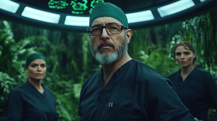 Fototapeta premium Humanoid ai assisting doctors in a serene hospital setting surrounded by nature and advanced technology