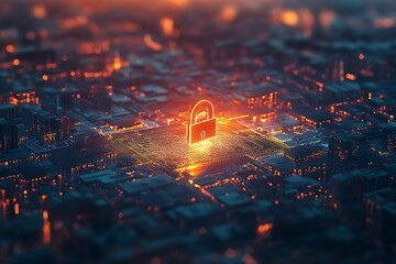 A digital lock symbolizing cybersecurity over a networked cityscape.