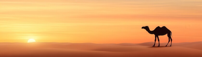 Fototapeta premium Camel silhouette against dazzling sunset desert landscape photography serene environment wide view