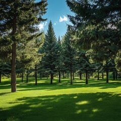 Obraz premium Green park with pine grove in suburban neighborhood.
