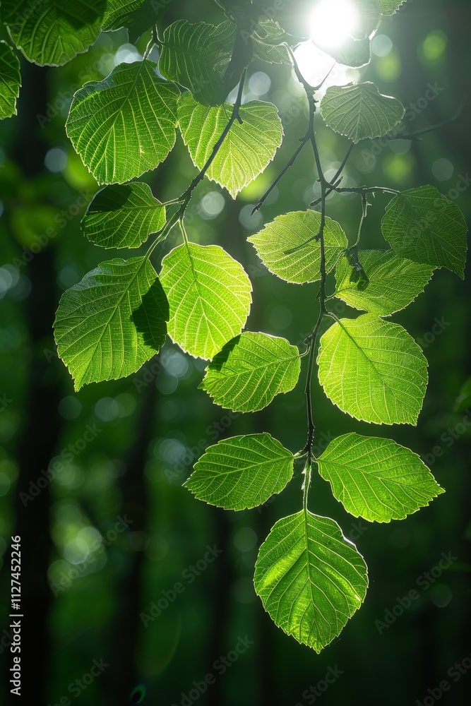 Poster sunlight streams through lush, green leaves, illuminating the delicate veins and textures in a tranq