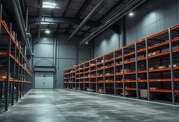 Fototapeta premium Industrial warehouse interior with metal shelving and exposed pipes