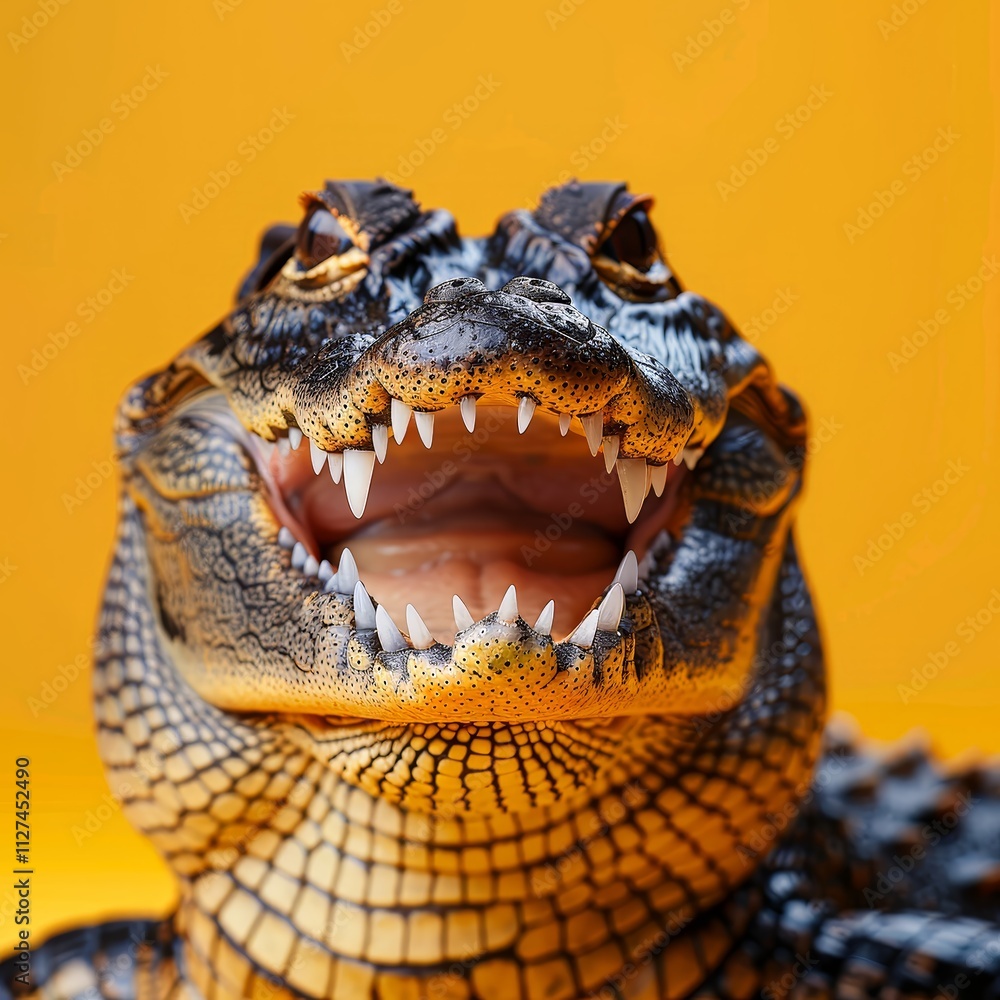 Poster a crocodile shows its sharp teeth and joyful expression while positioned in front of a vibrant orang