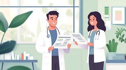 Two smiling doctors reviewing medical charts in a bright office.