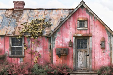 A vibrant pink house with a worn wooden exterior and an old roof stands amidst lush greenery. Vines climb the walls, showcasing the beauty of nature reclaiming the space in a serene setting.