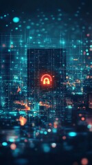Obraz premium A digital cityscape with a glowing padlock symbolizing cybersecurity and data protection.