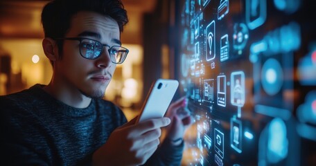 Focused businessman analyzing digital data on a futuristic touchscreen interface in a modern office with smartphone and headset