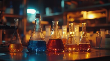 Chemistry lab setup with beakers and flasks containing various liquids 
