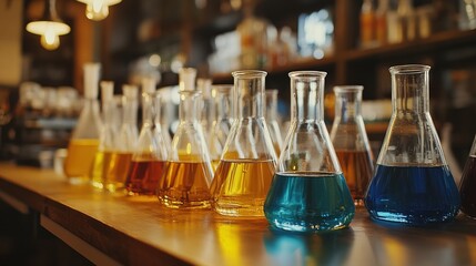 Chemistry lab setup with beakers and flasks containing various liquids 